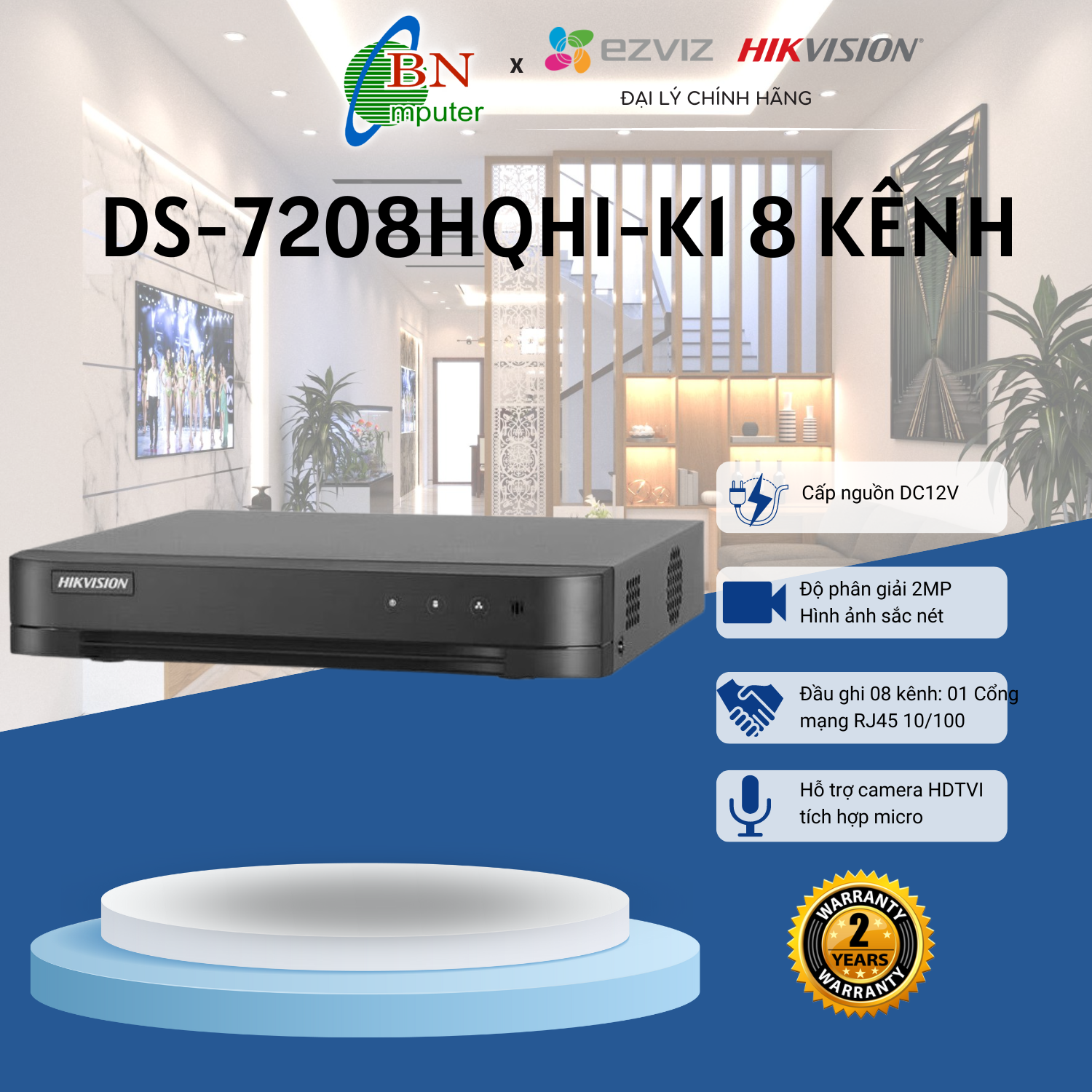 Đầu ghi hình analog 7208hqhi-k1 đầu 8 kênh vỏ sắt 2.0megapixels, bảo hành 24 tháng