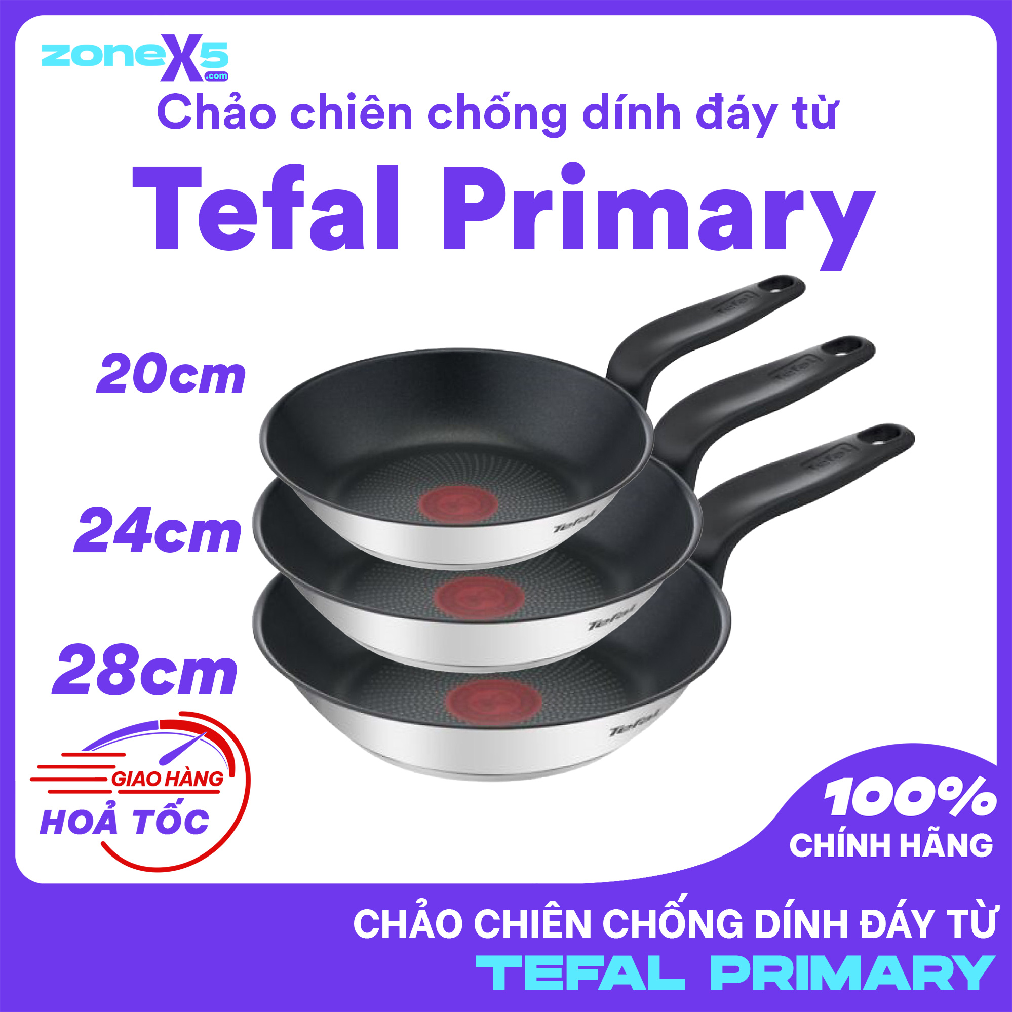 Chảo chiên chống dính đáy từ Tefal Primary 20/24/26/28cm - Chảo thép không gỉ Tefal - Hàng chính hãng