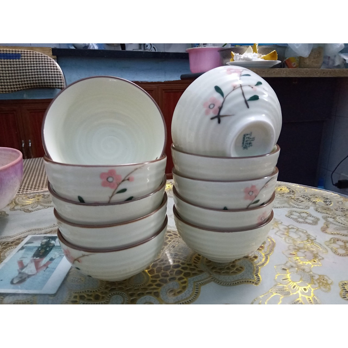 Bộ 10 bát ăn cơm vẽ hoa đào Bát Tràng