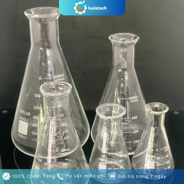 Bình tam giác thuỷ tinh, erlen, bình nón one lab cổ trơn, miệng rộng, chịu nhiệt, dung tích 100ml 250ml 500ml 1000ml