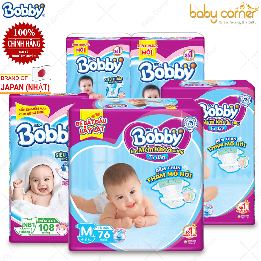 Miếng Lót Sơ Sinh/ Tã Dán BOBBY Siêu Thấm NB1, NB2, S56, M76, L68, XL62, XXL56 Cho Bé