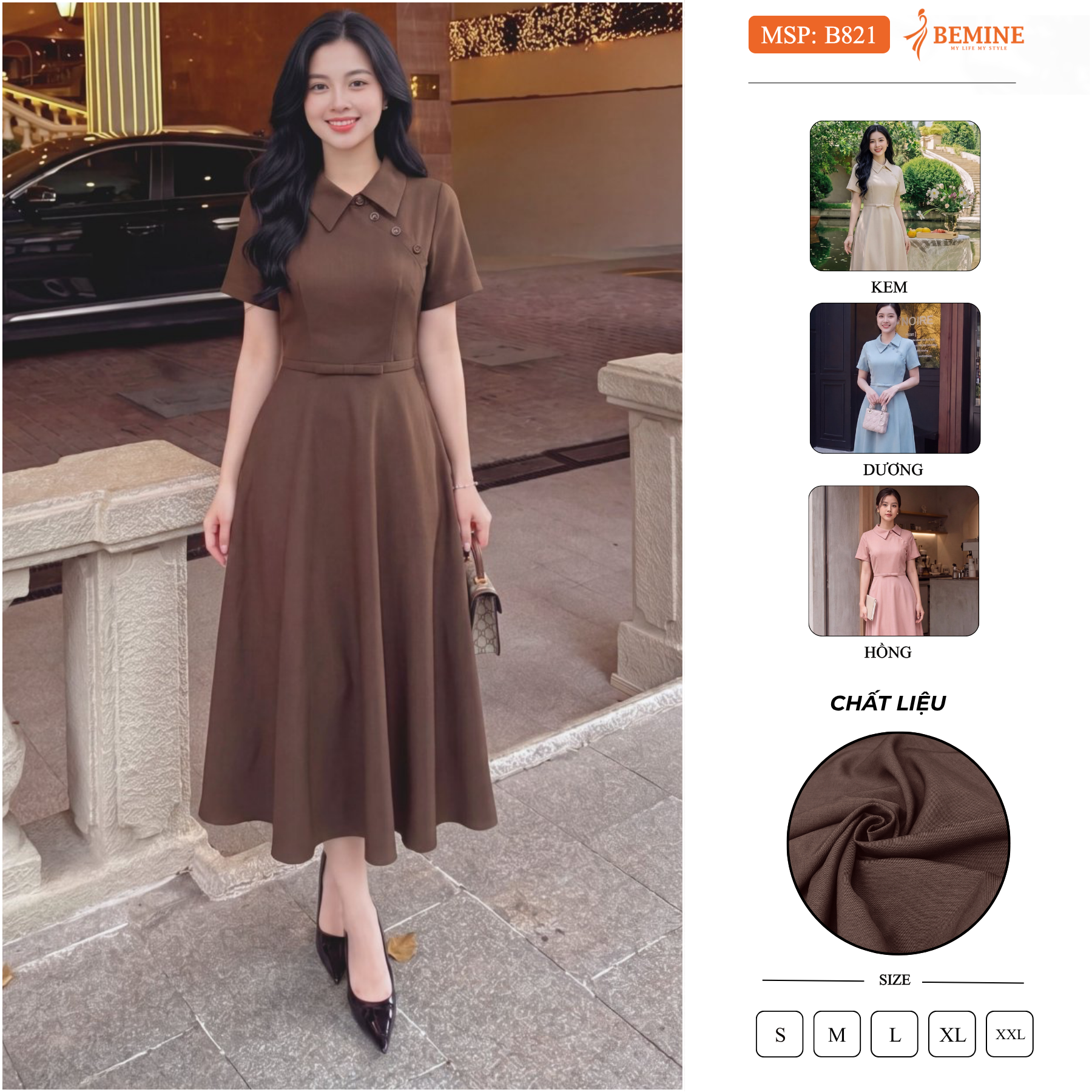 [DUY NHẤT 25-29.09-VOUCHER 40K]Đầm thiết kế BEMINE cổ đức kiểu có cúc dáng xòe dài phù hợp đi làm-B821