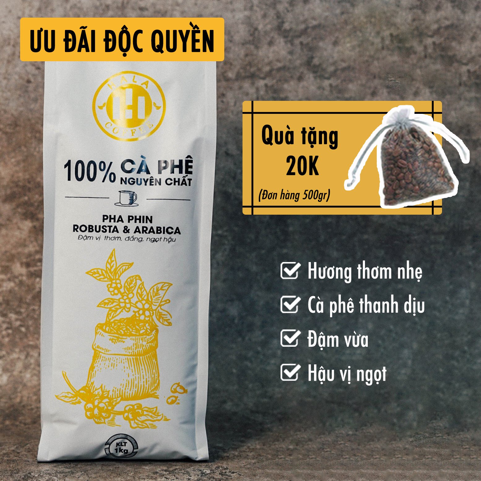Cà phê rang mộc nguyên chất xay sẵn pha phin Hala Coffee Sáng Tạo 1 500gr