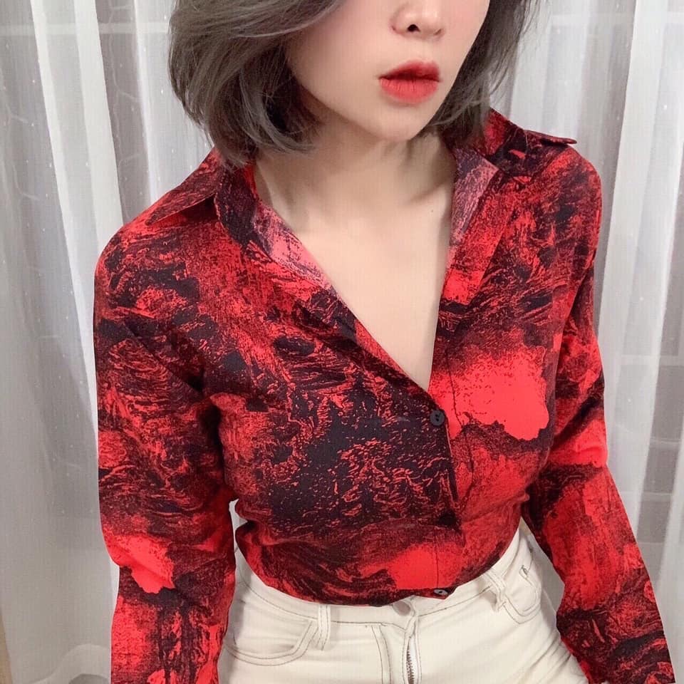 Áo sơ mi lụa nữ màu loang cá tính