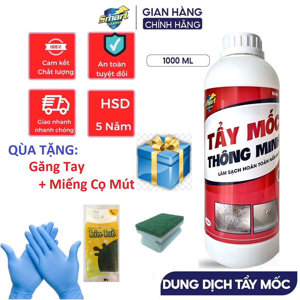 SMART TM - Dung dịch tẩy mốc Smart an toàn chai 1000ml làm sạch mốc tường, doăng cao su, chăn gối, quần áo trắng