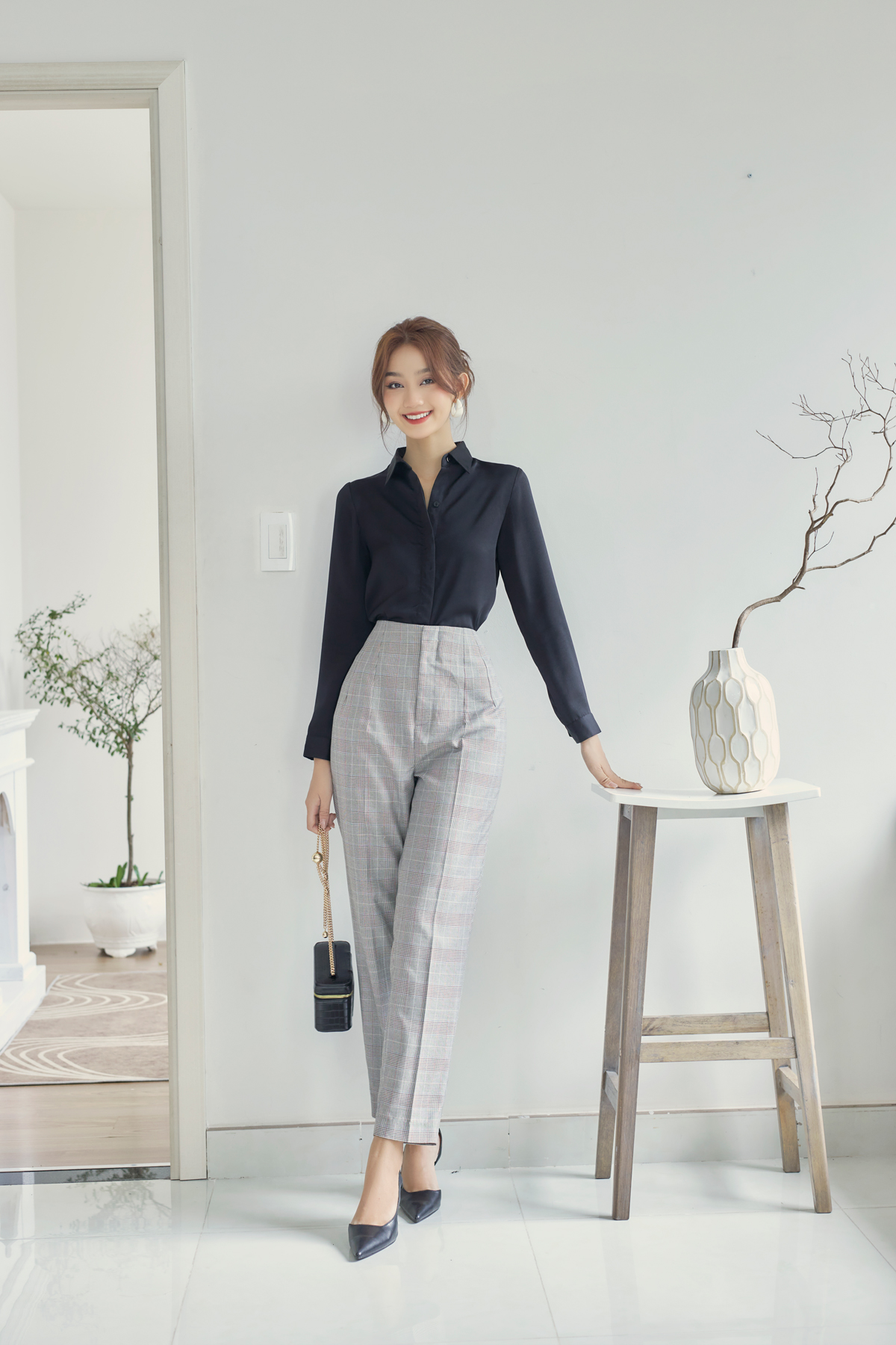 Quần baggy nữ công sở gillee dáng dài lưng cao họa tiết caro fqb031
