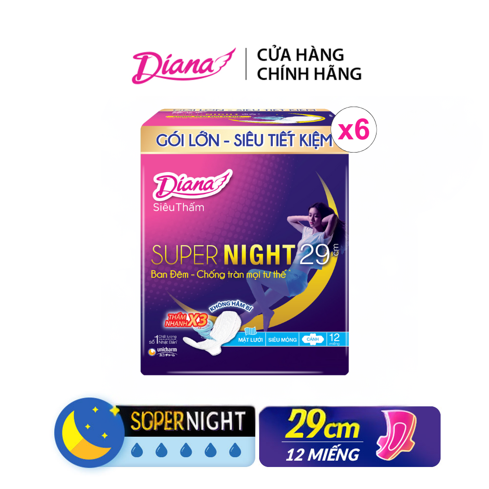 Combo 6 băng vệ sinh diana super night 29cm gói 12 miếng