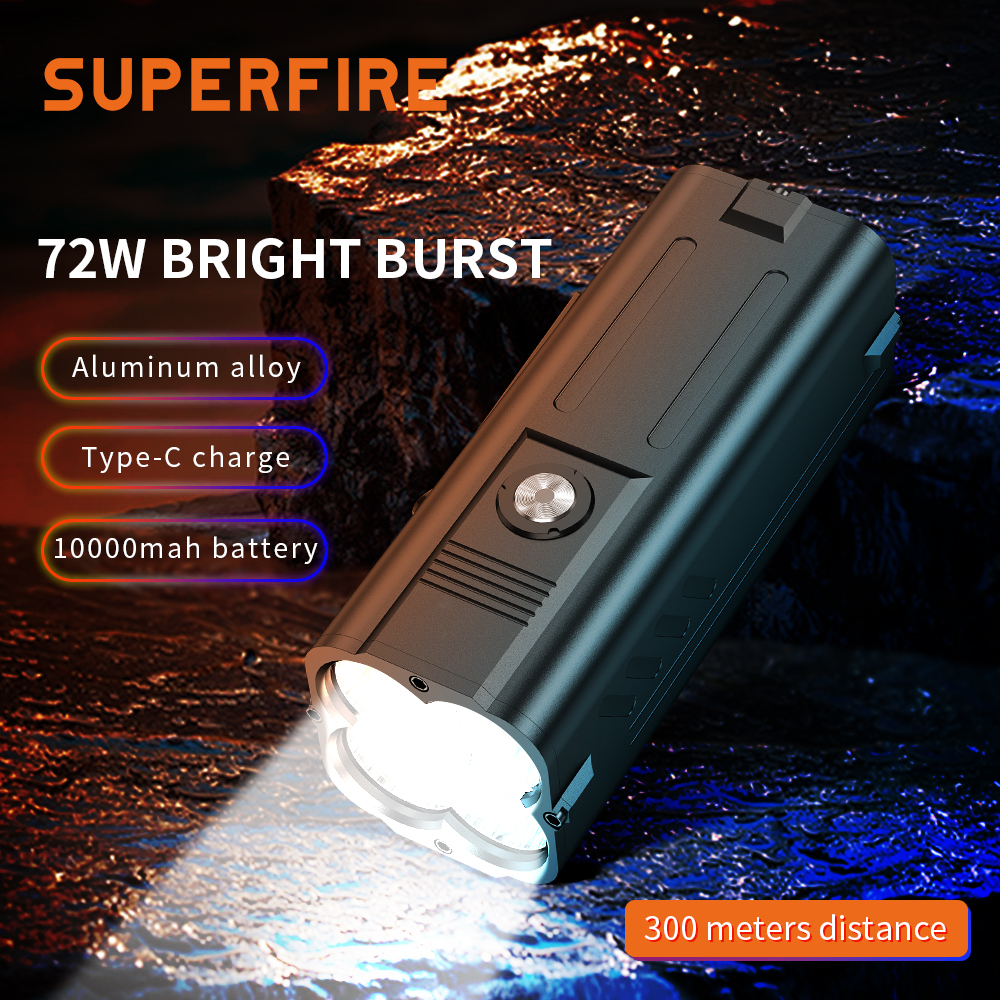 SUPERFIRE Đèn Pin Led Siêu Sáng M20 Xhp50 * 4 72W, 6000 Lumens Lồng Đèn Siêu Sáng Mạnh Đa Năng Sạc Được Bằng USB Câu Cá Cắm Trại