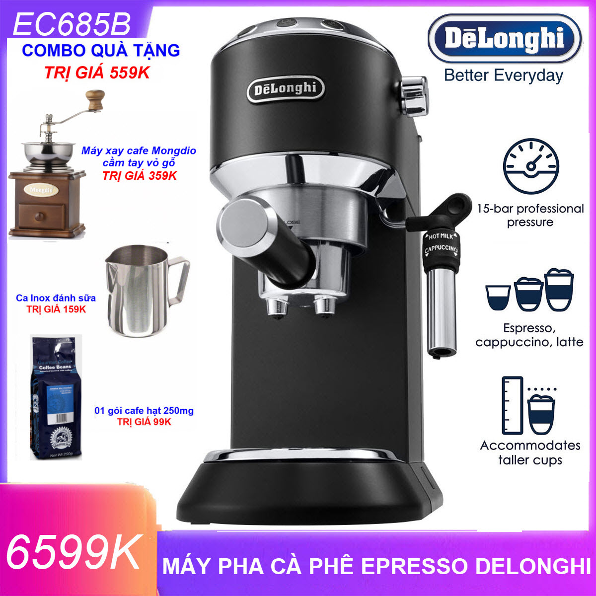 Máy pha cà phê Espresso Delonghi EC685.BK - Hàng nhập khẩu mới nguyên hộp 100% - BH12 tháng kể từ ngày nhận - Máy pha cafe Espresso Cappuccino - Máy pha cà phê mini gia đình - Model tiền nhiệm của Delonghi EC785