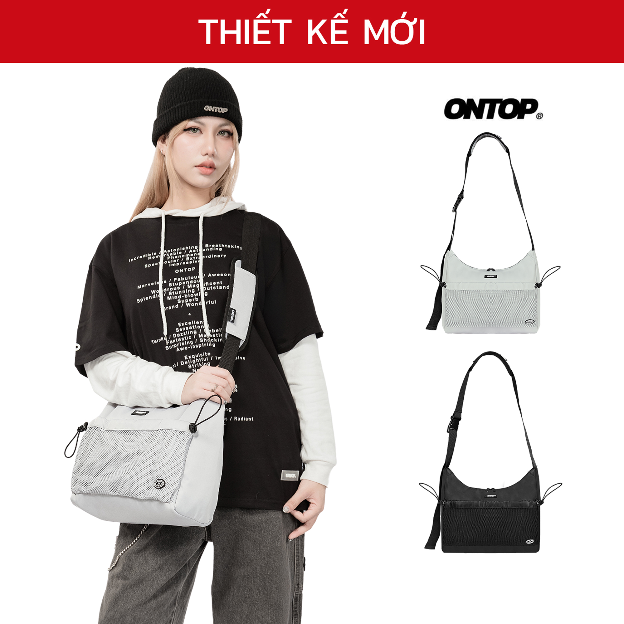 Túi đeo chéo chống nước nhiều ngăn ONTOP vải dù đựng vừa máy tính bảng 11inch màu đen,xám local brand nam nữ | O-B71