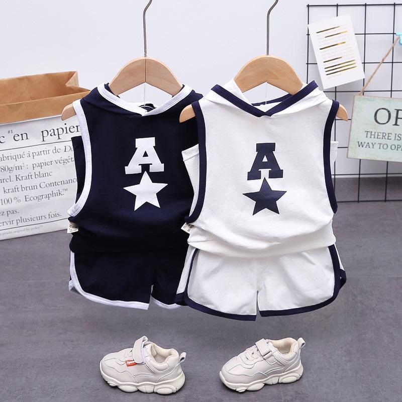 Bộ đồ bé trai sát nách vải cotton đũi in hình ngôi sao cho bé từ 6-26kg