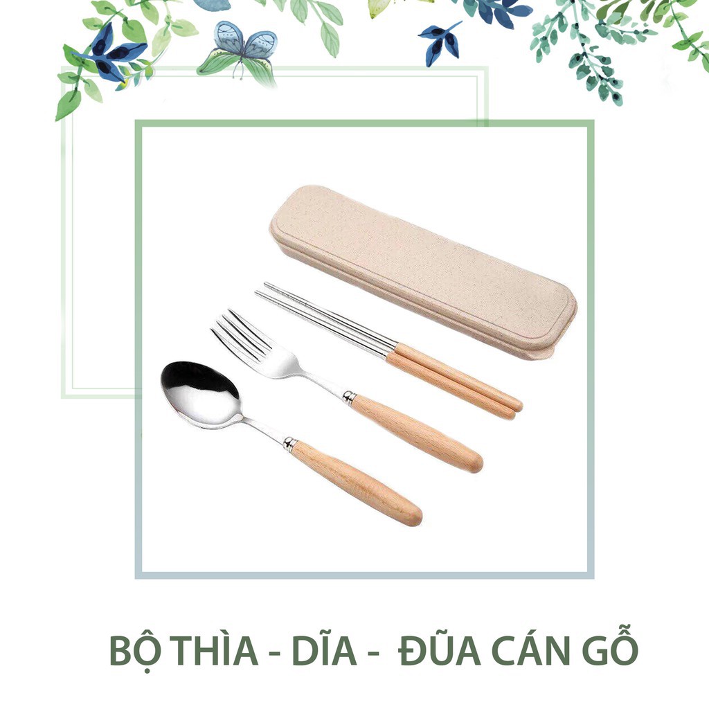 Bộ đũa thìa dĩa inox cán gỗ tặng kèm hộp đựng lúa mạch cao cấp bộ đũa thìa văn phòng