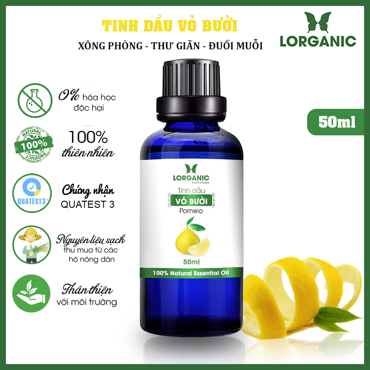 [HCM]Tinh dầu vỏ bưởi nguyên chất Lorganic Pomelo 100% Natural Essential Oil 10ml, 50ml
