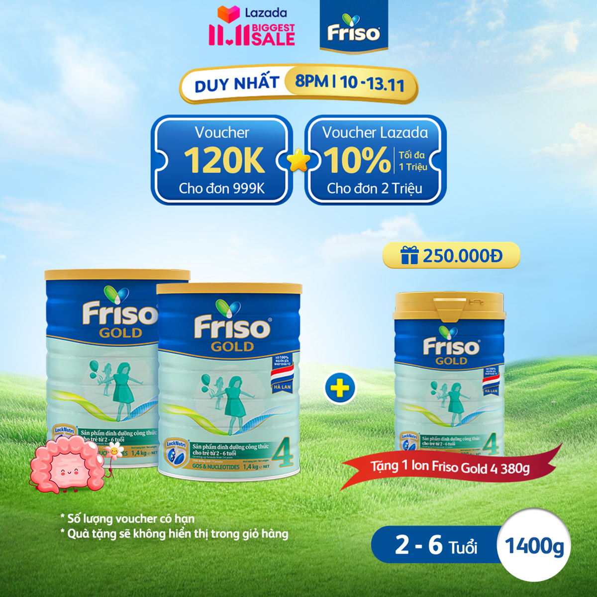 [Tặng 1 Lon Sữa Bột Friso Gold 4 380G] Bộ 2 lon sữa Bột Friso Gold 4 lon thiếc 1.4KG-cho trẻ từ 2-6 tuổi