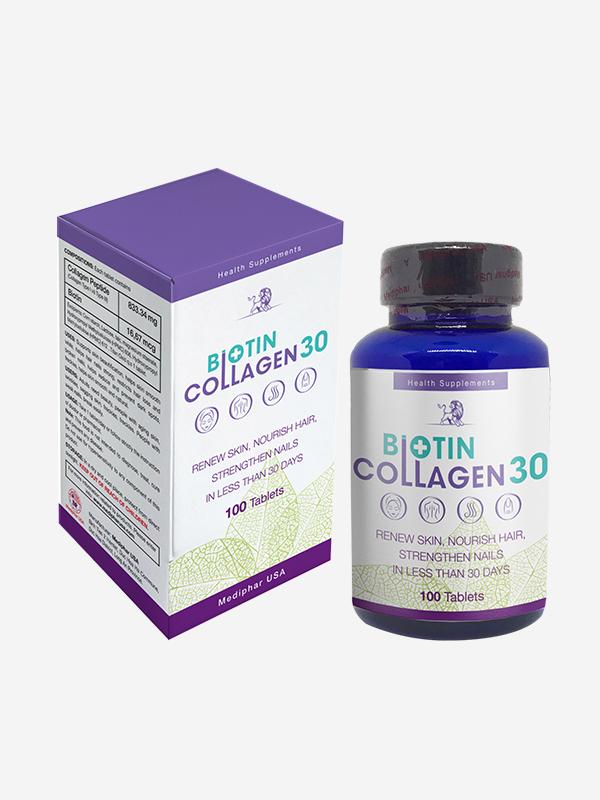 Viên uống Biotin Collagen 30 - Mediphar - Kích thích mọc tóc nhanh, tóc chắc khỏe, hạn chế tóc gãy rụng, hỗ trợ làm đẹp da, trắng da mịn màng ( lọ 100 viên)