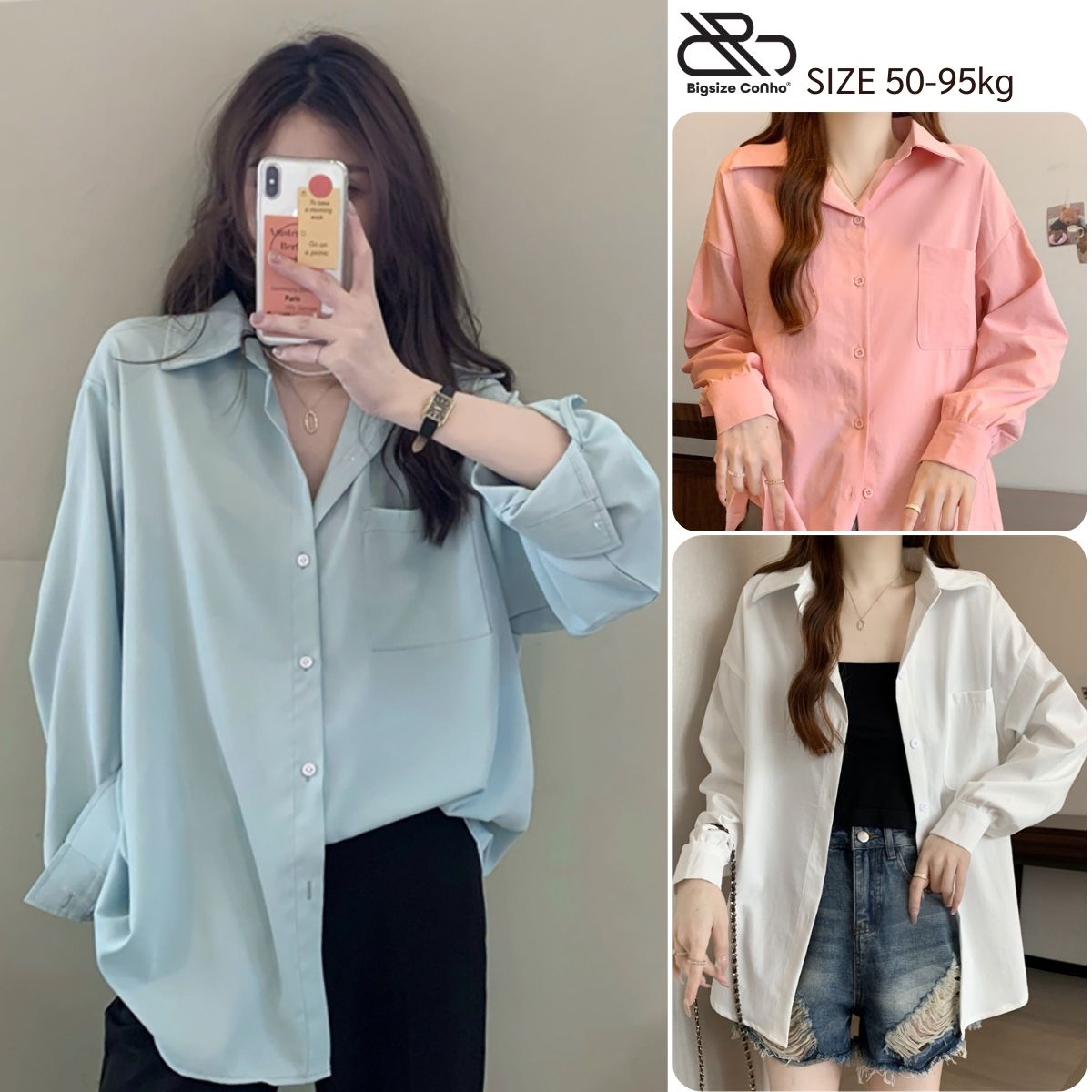 Áo Sơ Mi Bigsize Nữ Tay Dài Có Túi Basic Thời Trang Công Sở Form Rộng Ulzzang Hàn Quốc -SM20