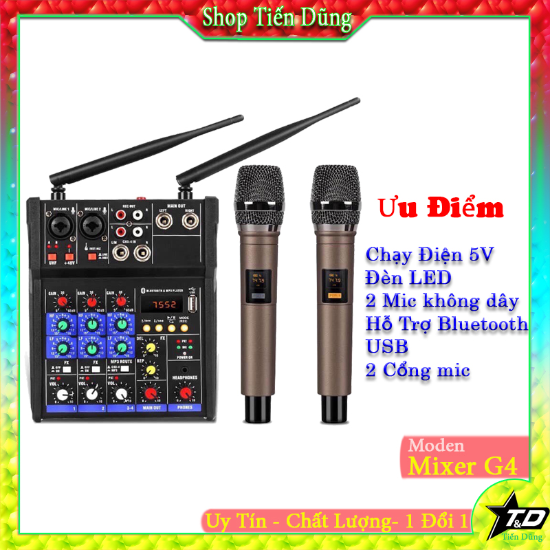 Bàn Trộn Âm Thanh Kiêm Lọc Âm Mixer G4 Kèm 2 Mic, Không Dây Tiện Lợi Oto Loa Kéo Và Các Loại Loa Khác.Bộ Mixer 2 Mic Kèm Vang Đa Năng Hát Trên Mọi Loại Loa. Loa kéo, Loa Soundbar, Loa Bluetooth Đều Hát Được