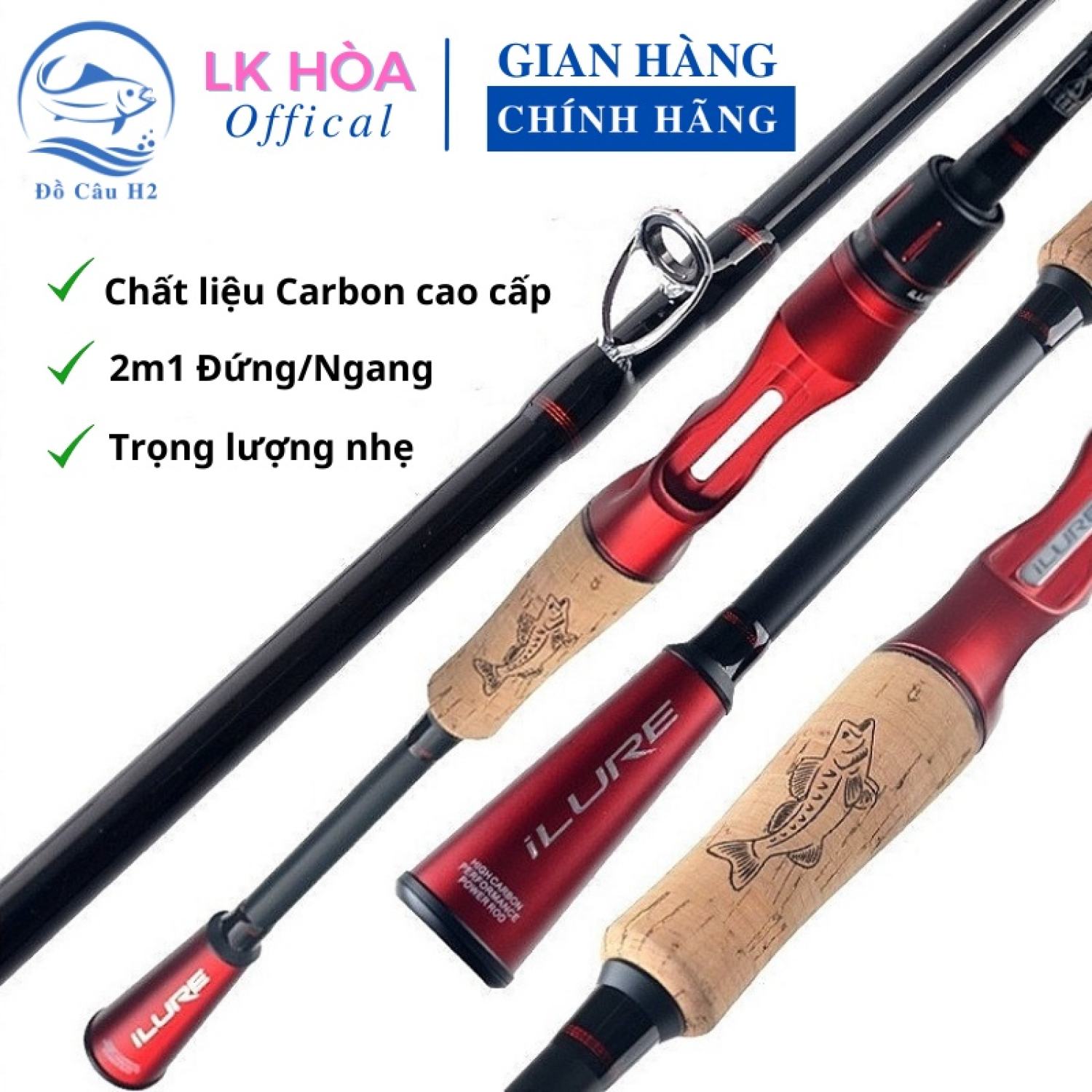 Cần câu lure iLure 2m1 Cần câu máy Đứng và máy Ngang Chất liệu Carbon xoắn cao cấp