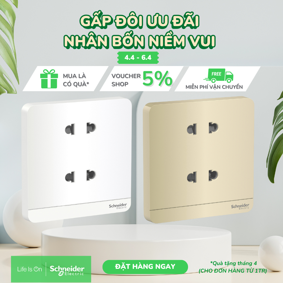 Bộ ổ cắm đôi hai chấu - 250VAC - 10A - Trắng/ Vàng ánh kim - Schneider Electric - E83426U2_WE_G19 E83426U2_WG_G19