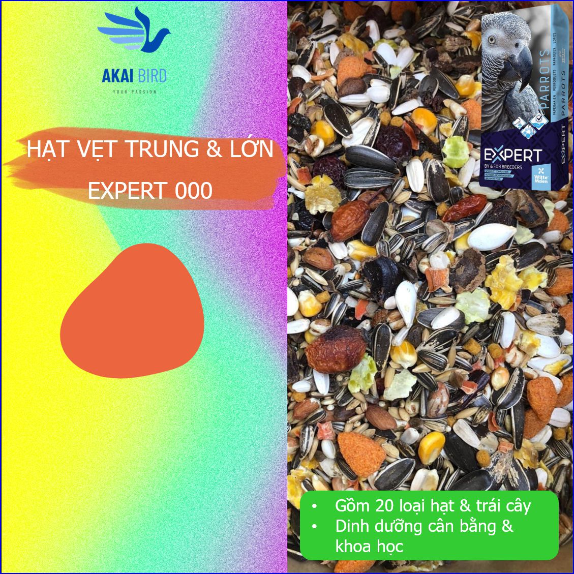 Expert 000 - hạt hoàn chỉnh cho vẹt trung & lớn với 20 loại hạt & trái cây...