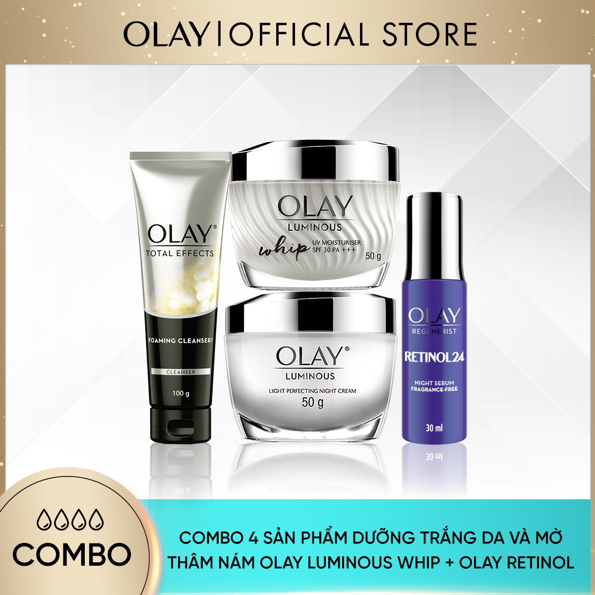 [25-30.11 DEAL SỐC ĐƠN 749K TẶNG 4 QUÀ] Combo 4 Sản Phẩm OLAY Dưỡng Trắng Da Và Chống Lão Hóa Toàn Diện: Kem Dưỡng Mỏng Nhẹ 50gx2 + Tinh Chất 30ml + Sữa Rửa Mặt 100g [Số lượng quà có hạn]
