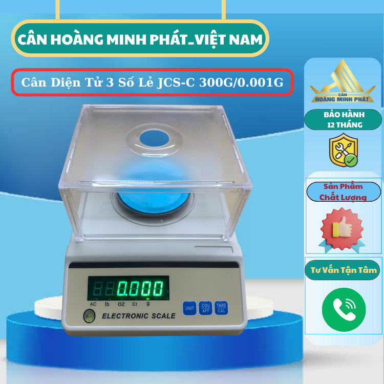 Cân điện tử 3 số lẻ JCS-C Chính xác cao 0.001g/300g - Cân phân tích để bàn kèm lồng kính. Cân Hoàng Minh Phát_Việt Nam