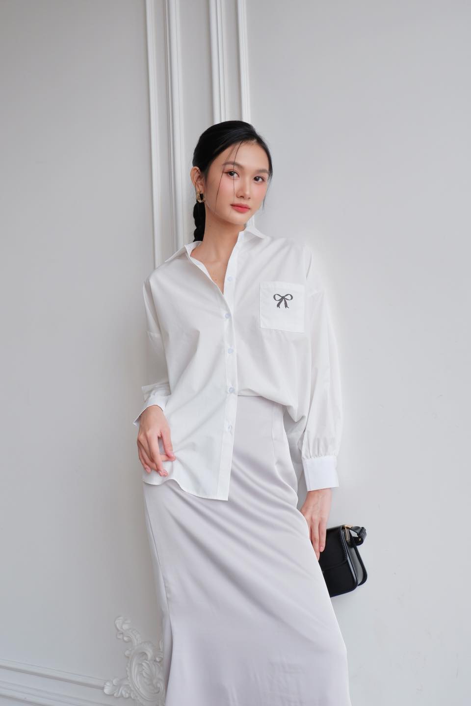 Ceci cela - áo sơ mi sọc nơ thêu bow 0324