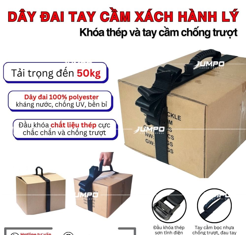 Dây Đai Buộc Vali có tay cầm - Đầu khóa thép cao cấp, cột Hành lý, Thùng Carton Chống Trượt. Chịu Tải đến 50kg