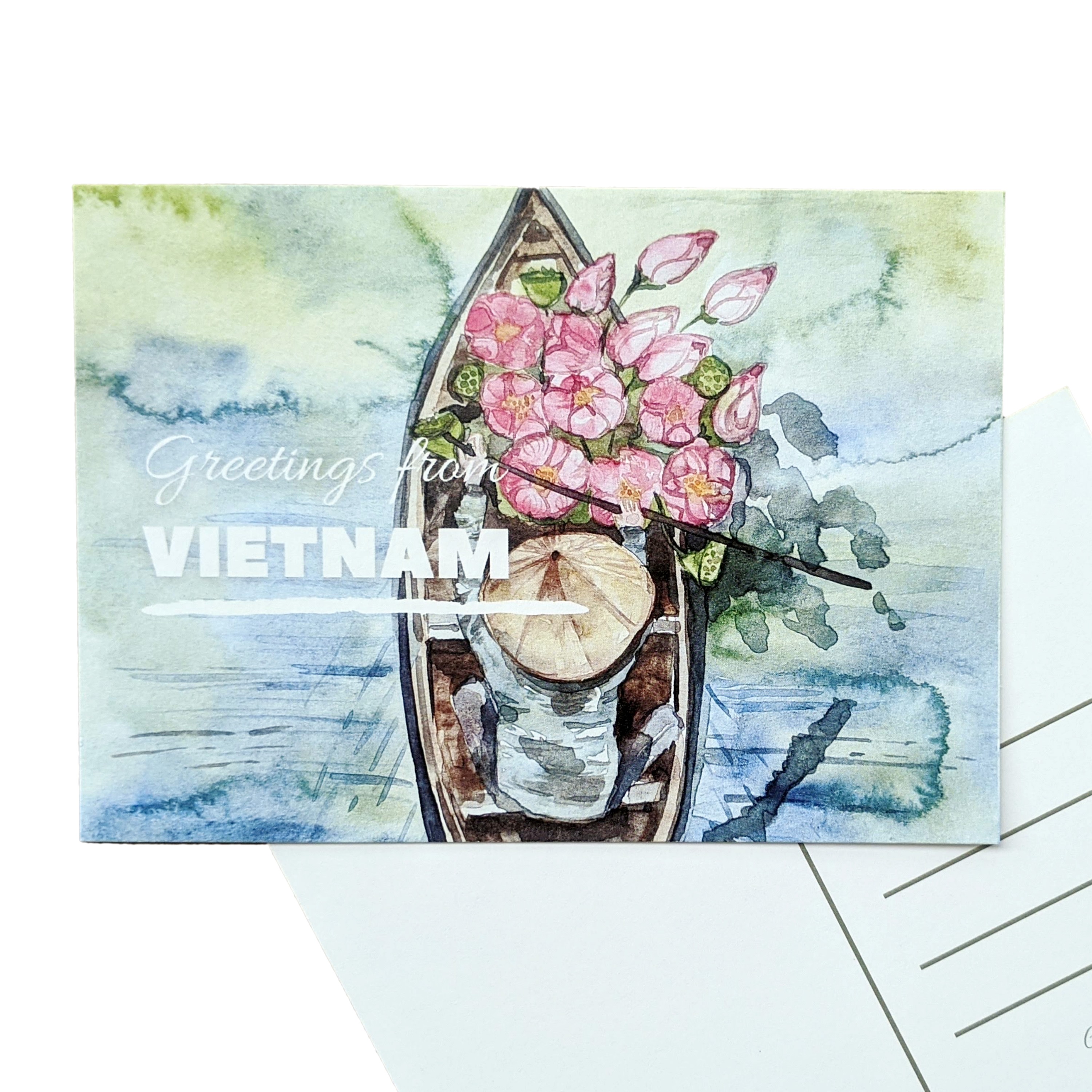 Bưu thiếp "Lời chào từ Việt Nam". Một phụ nữ Việt Nam thu hoạch hoa sen trong ao. Thẻ in màu nước gốc. Thiệp chúc mừng tốt nhất