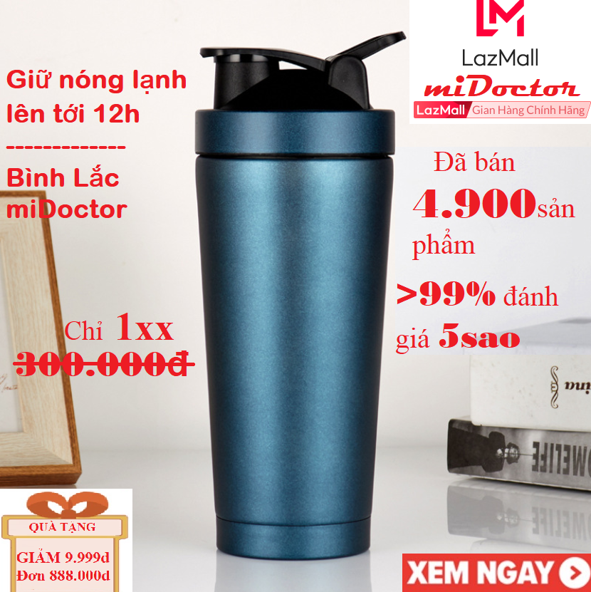 Bình Lắc Thể Thao Shaker, Bình Lắc Tập Gym Inox Có Giữ Nhiệt Chính Hãng miDoctor Màu Xanh Ngọc