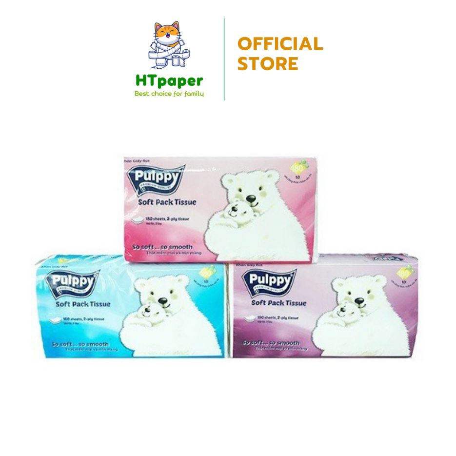 💥 Khăn giấy lụa Khăn giấy rút Pulppy Gấu Trắng lốc 3 gói 180 tờ x 2 lớp siêu mềm mịn an toàn cho bé