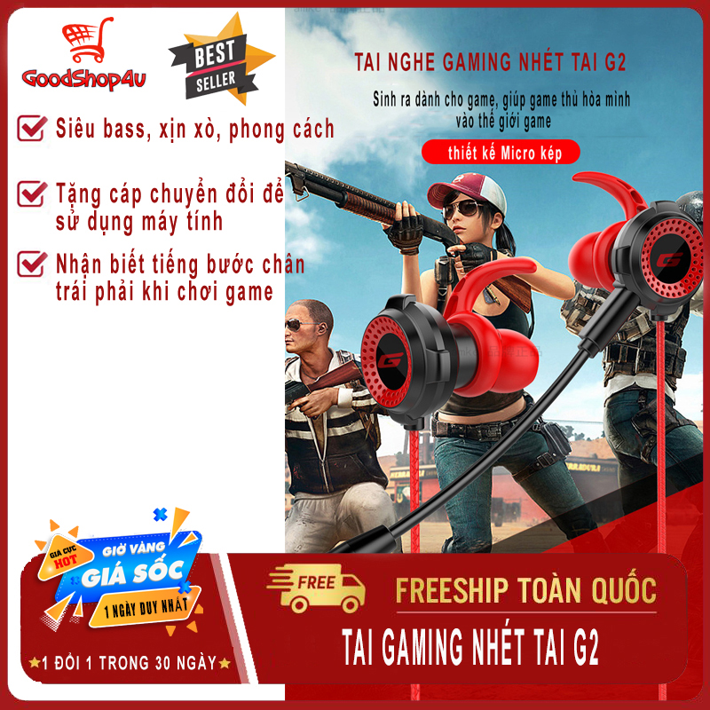 (FREE mic rời+cáp PC) Tai nghe gaming nhét tai có dây mic kép G2, G6, G9 chơi game mobile, Tặng kèm cáp chuyển đổi để dùng cho máy tính PC