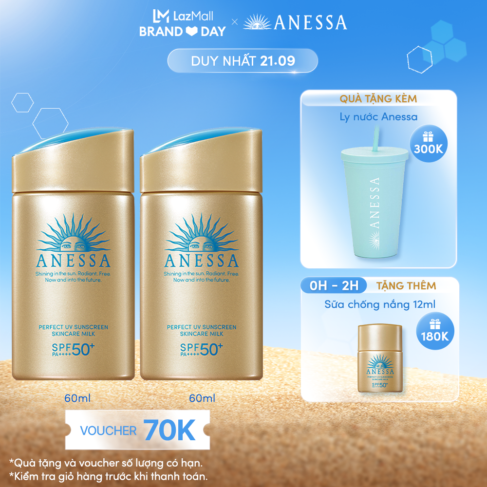 0H2H 21.09 VOUCHER 70K QUÀ 480K Bộ 2 Kem chống nắng dạng sữa dưỡng da bảo vệ hoàn hảo Anessa Perfect UV Skincare Milk SPF 50 PA 60ml