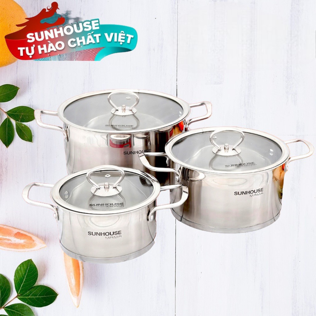 BỘ 3 NỒI INOX 5 ĐÁY SUNHOUSE MAMA SH784 HÀNG CHÍNH HÃNG