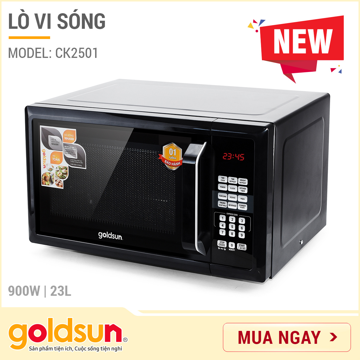 Lò vi sóng goldsun ck2501 - điện tử 23l - công suất 800w - hàng chính hãng - bảo hành 12 tháng