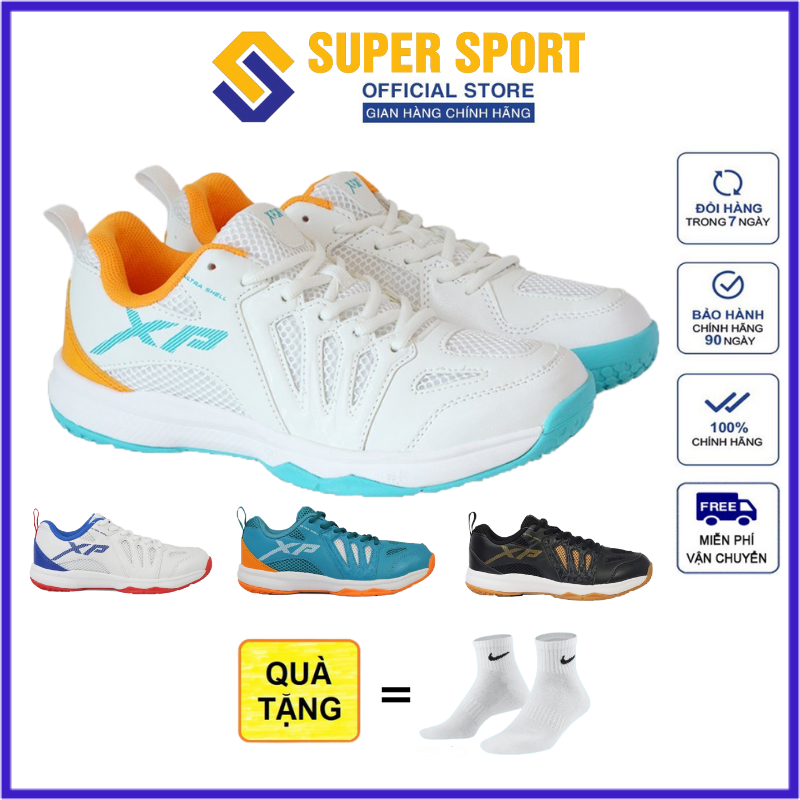 Giày bóng chuyền, Giày cầu lông XP nam nữ chính hãng màu trắng cam tặng tất dệt kim khử mùi - Độ bền cao chơi trên sân bê tông tốt