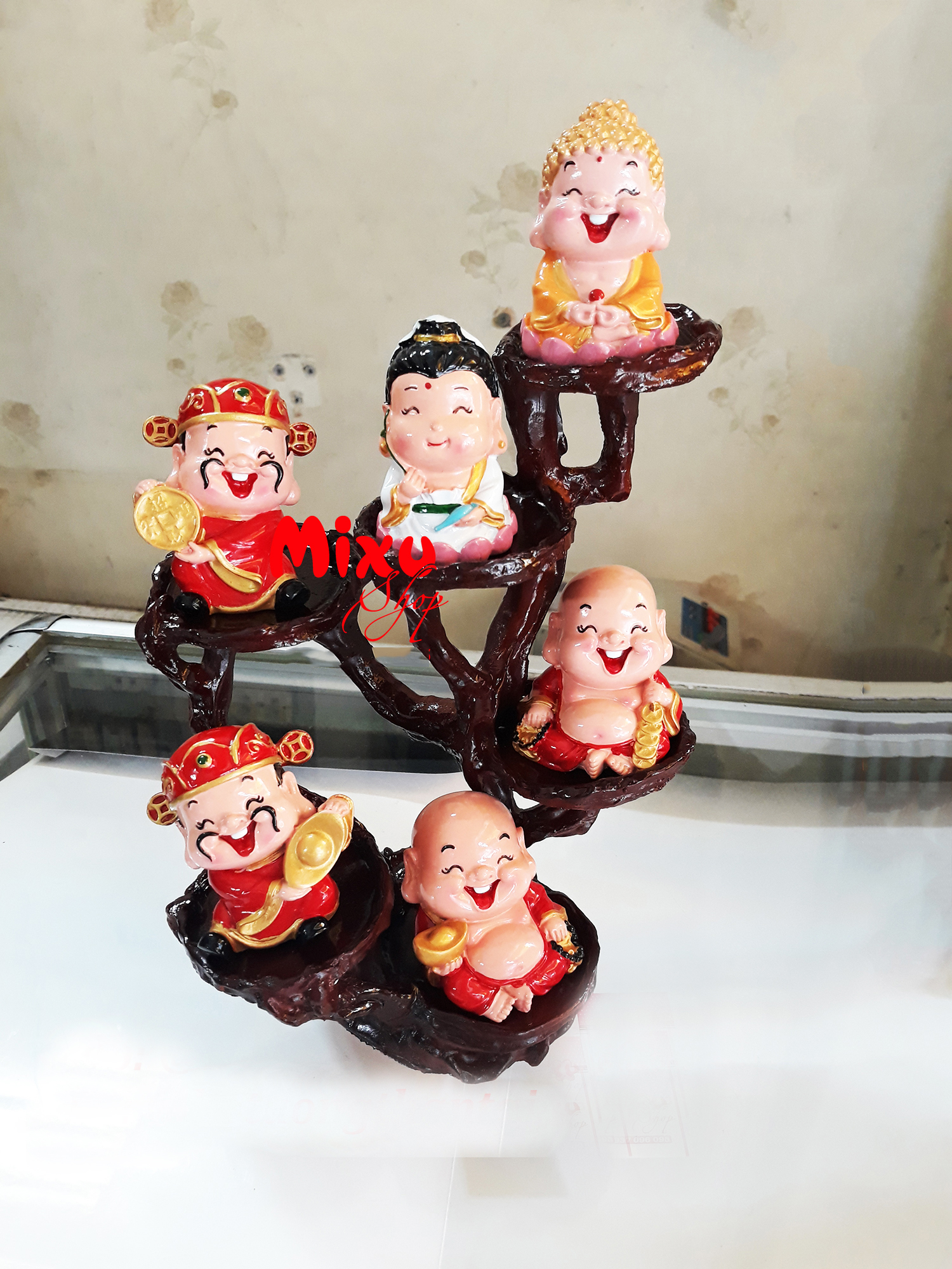 Bộ 6 tượng phật tổ + quan âm + cặp di lặc + cặp thần tài kèm chân đế đứng