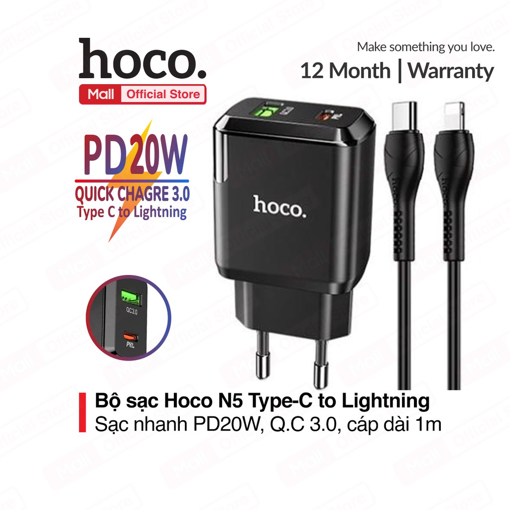 Bộ sạc nhanh Hoco N5 Type-C to Lightning sạc nhanh PD 20W Quick Chagre 3.0 dành cho iPhone/iPad