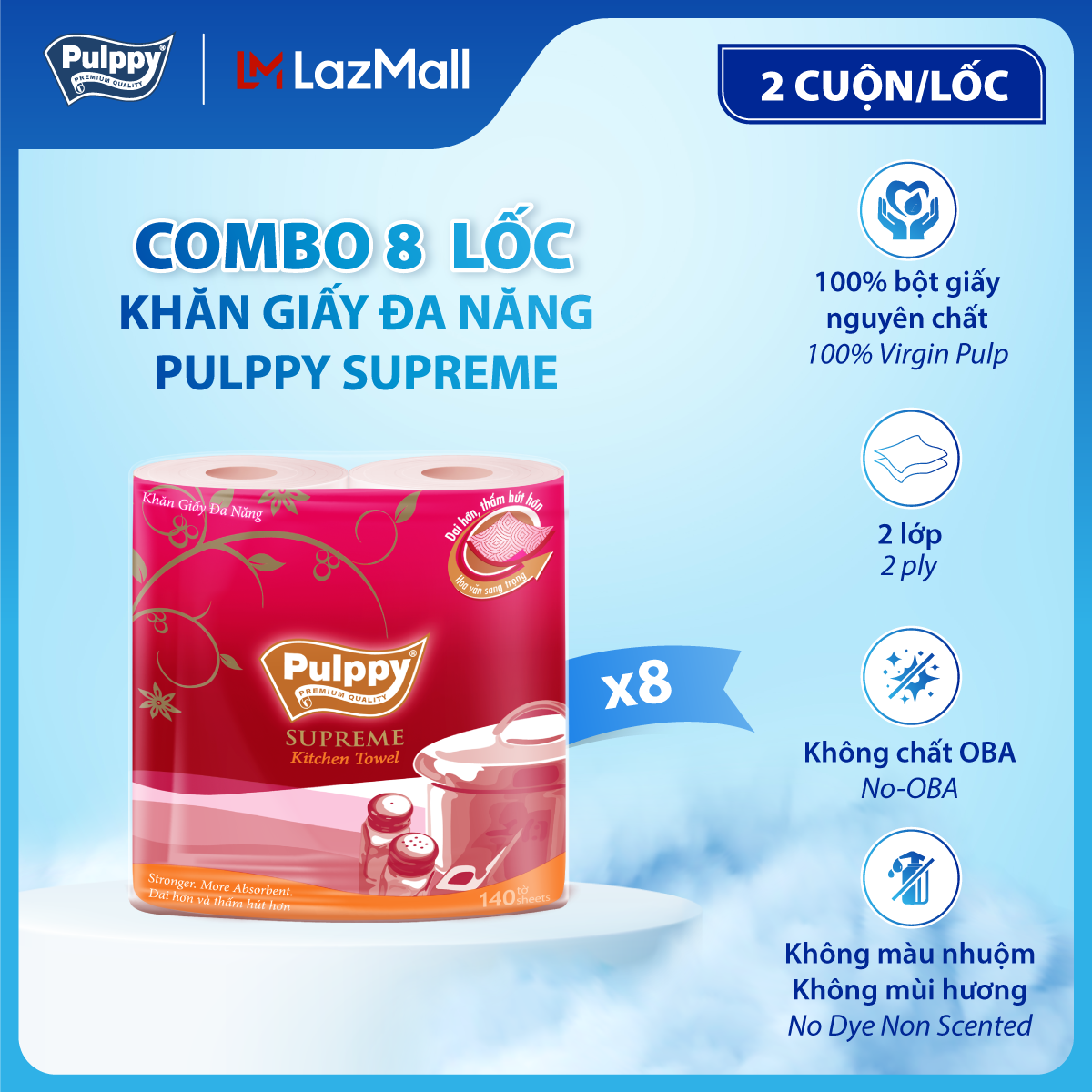[VOUCHER 15%] Combo 8 Khăn Giấy Đa Năng Pulppy Supreme 2C