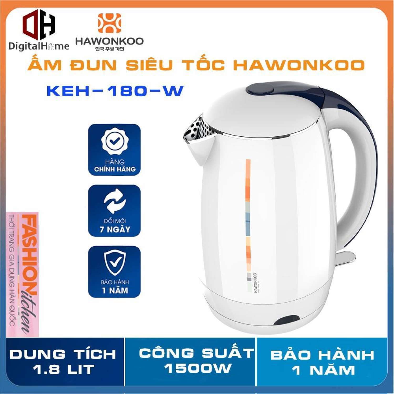 Ấm siêu tốc hawonkoo keh - 180, dung tích 1.8l, bảo hành chính hãng 12 tháng