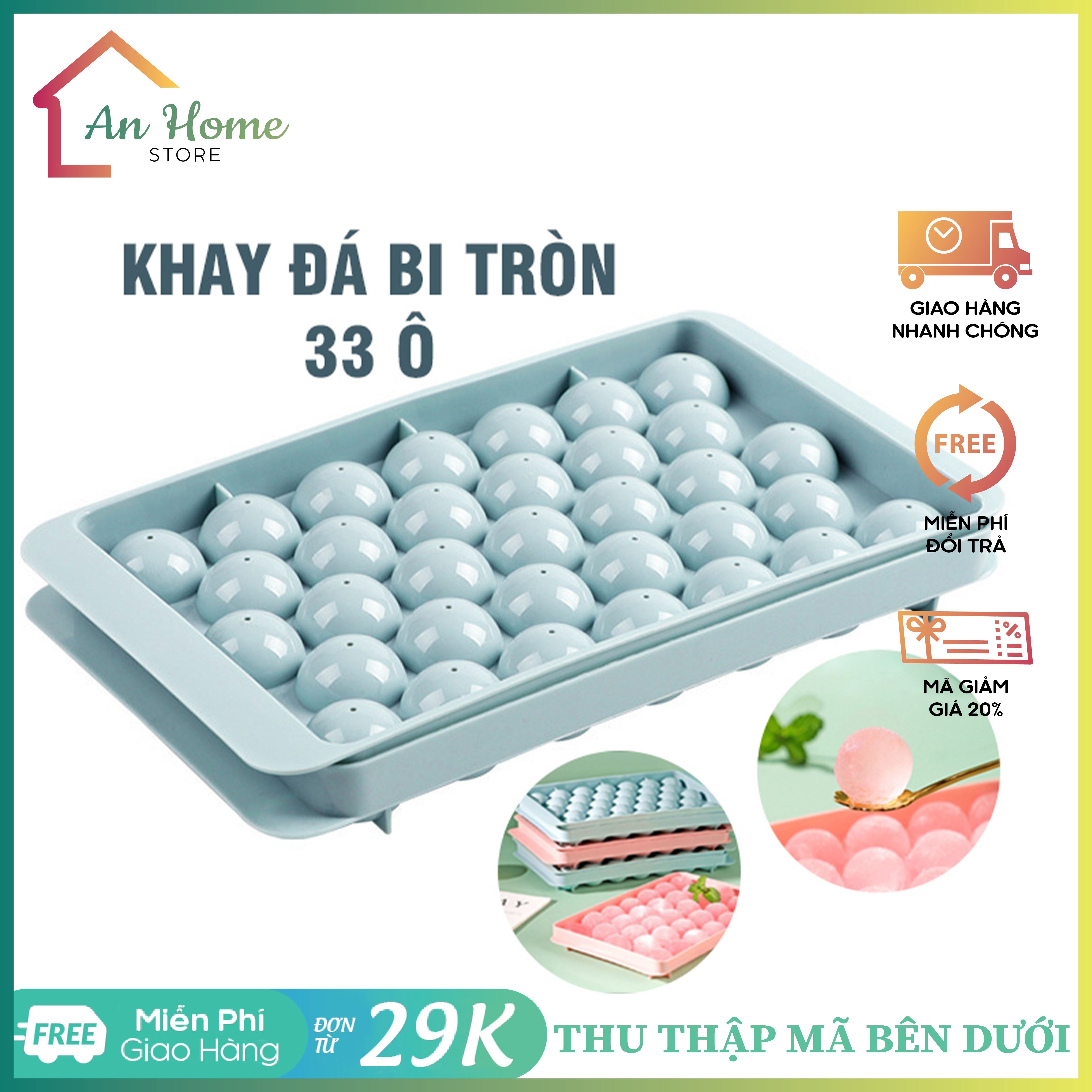 Khay Làm Đá Tròn Thông Minh 33 Viên ANHOME, Khay Làm Đá Viên Bi Thông Minh Có Nắp Đậy