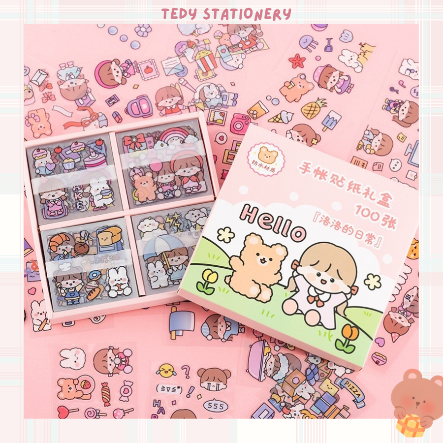 Set 10 miếng Sticker cute trang trí sổ Cô gái và gấu, sticker dễ thương