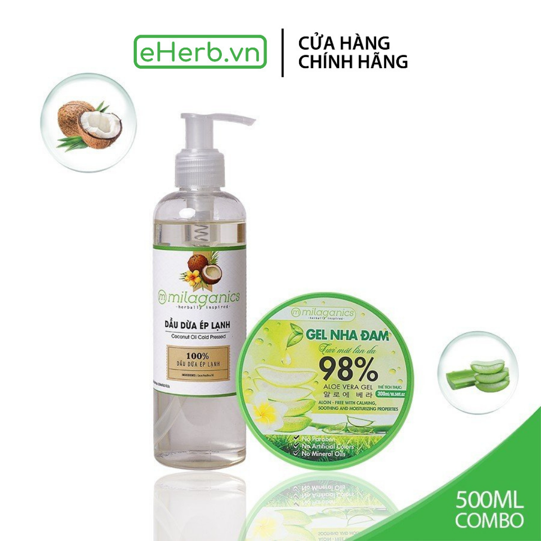 Combo dưỡng ẩm da & tóc: dầu dừa nguyên chất 250ml & gel nha đam làm mềm da body 300ml milaganics