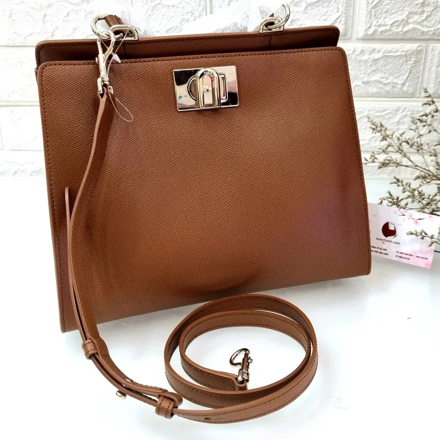 Túi xách Furla 1927 Top Handle da thật, form vuông thời thượng #Cognac