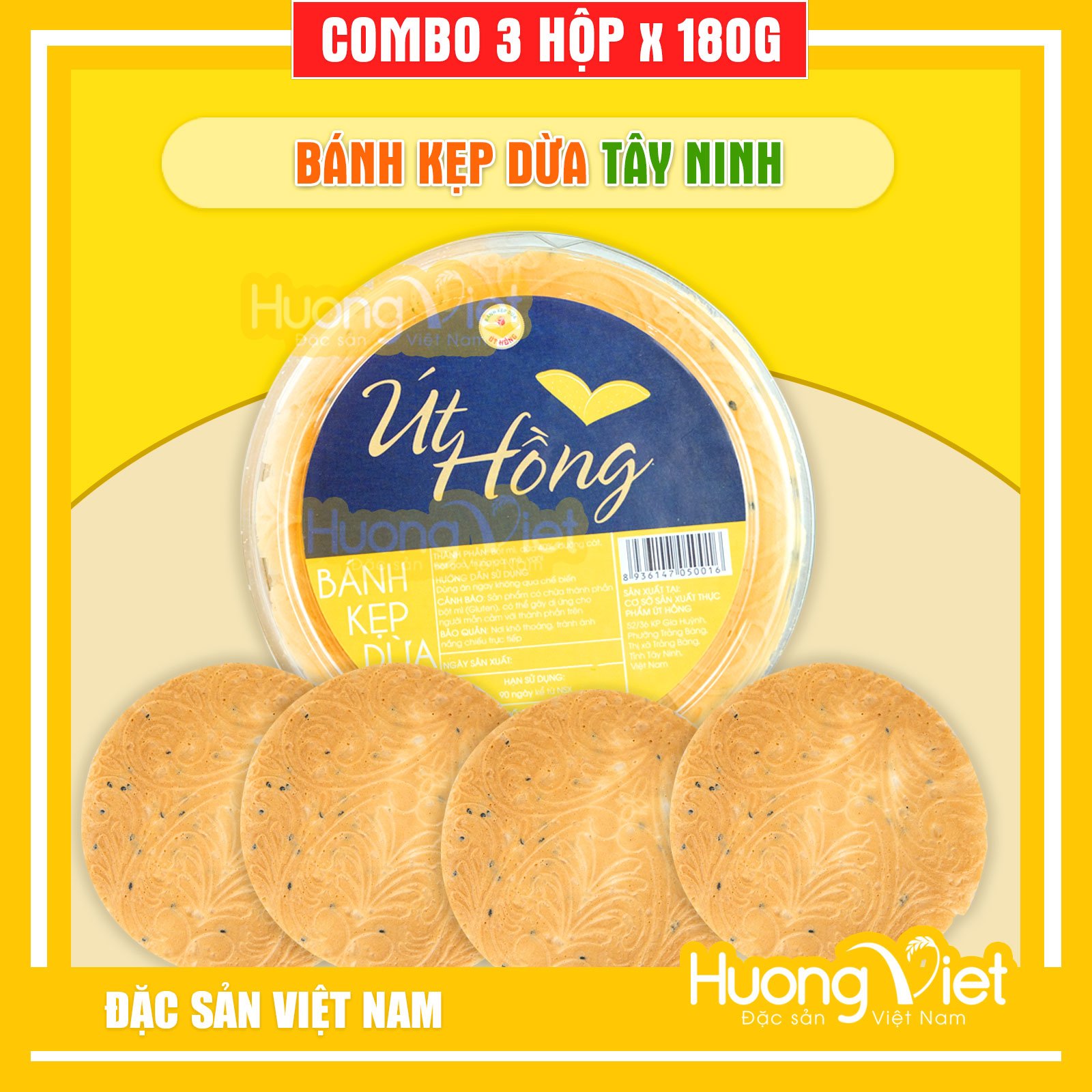 Combo 5 hộp bánh kẹp mè dừa, bánh kẹp dừa Út Hồng đặc sản Tây Ninh, bánh giòn xốp ít ngọt, bánh kẹo ăn vặt tết