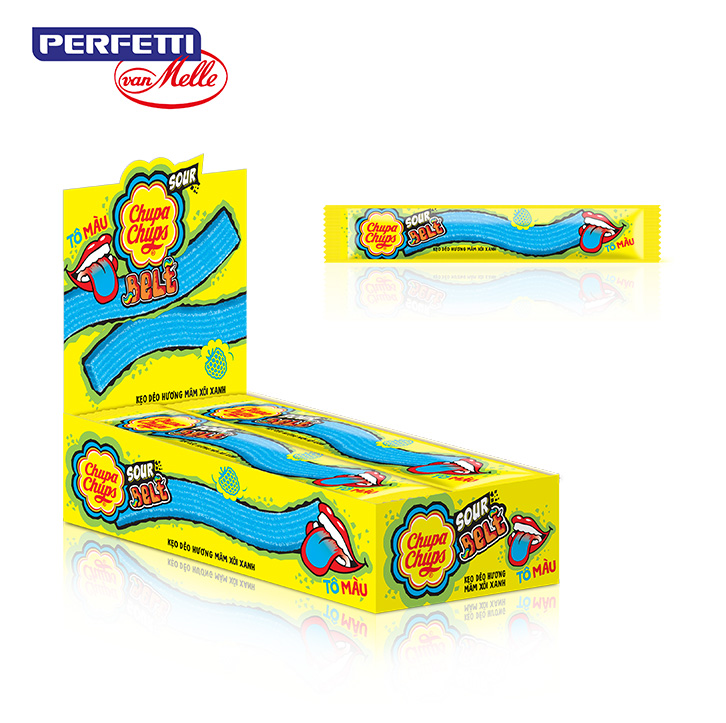 Kẹo dẻo chupa chups sour belt tô màu hương mâm xôi xanh