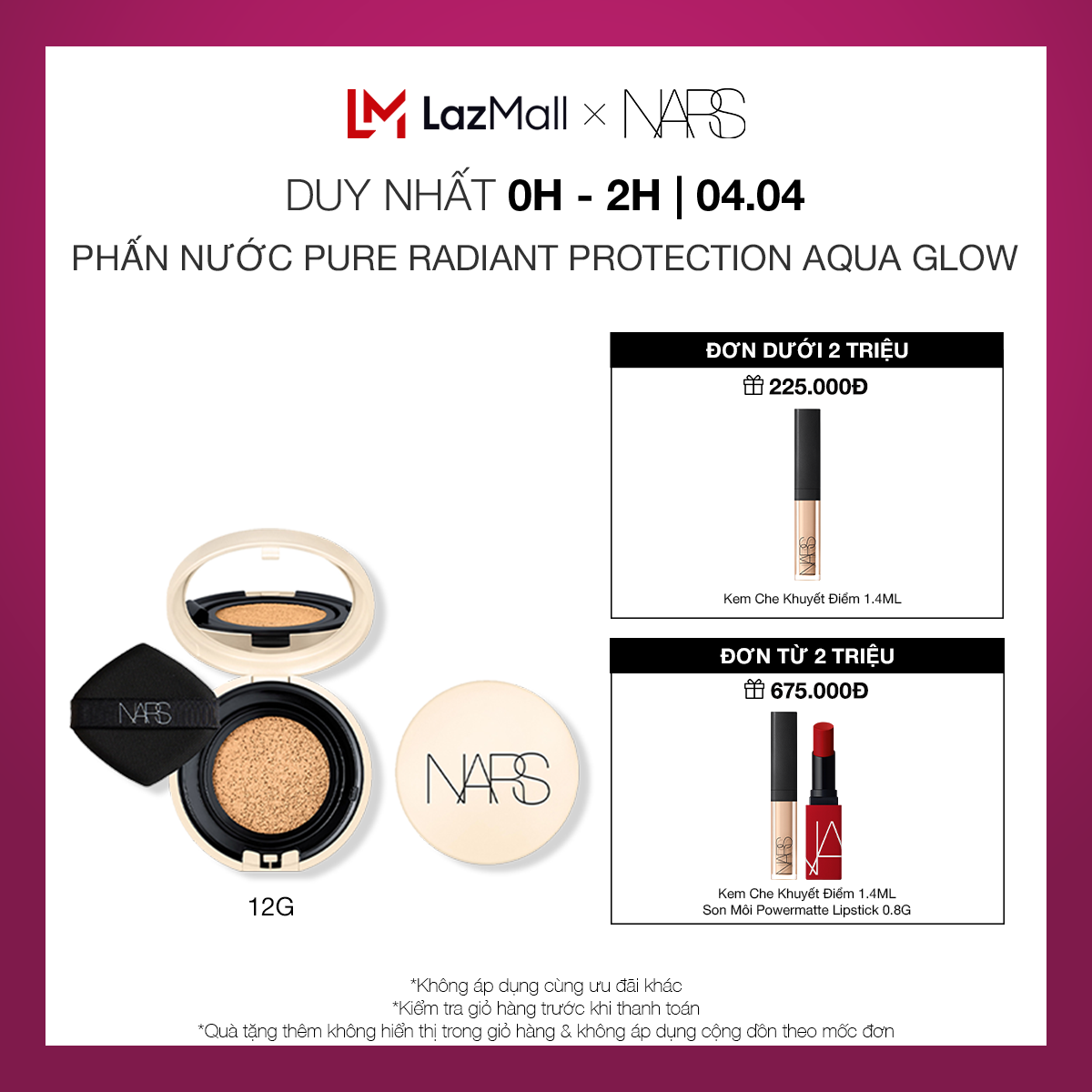 Phấn nước trang điểm nền NARS Pure Radiant Protection Aqua Glow Cushion SPF 50+/PA+++ 12g + Hộp nhựa đựng phấn cushion NARS Pure Radiant Protection Aqua Glow Compact