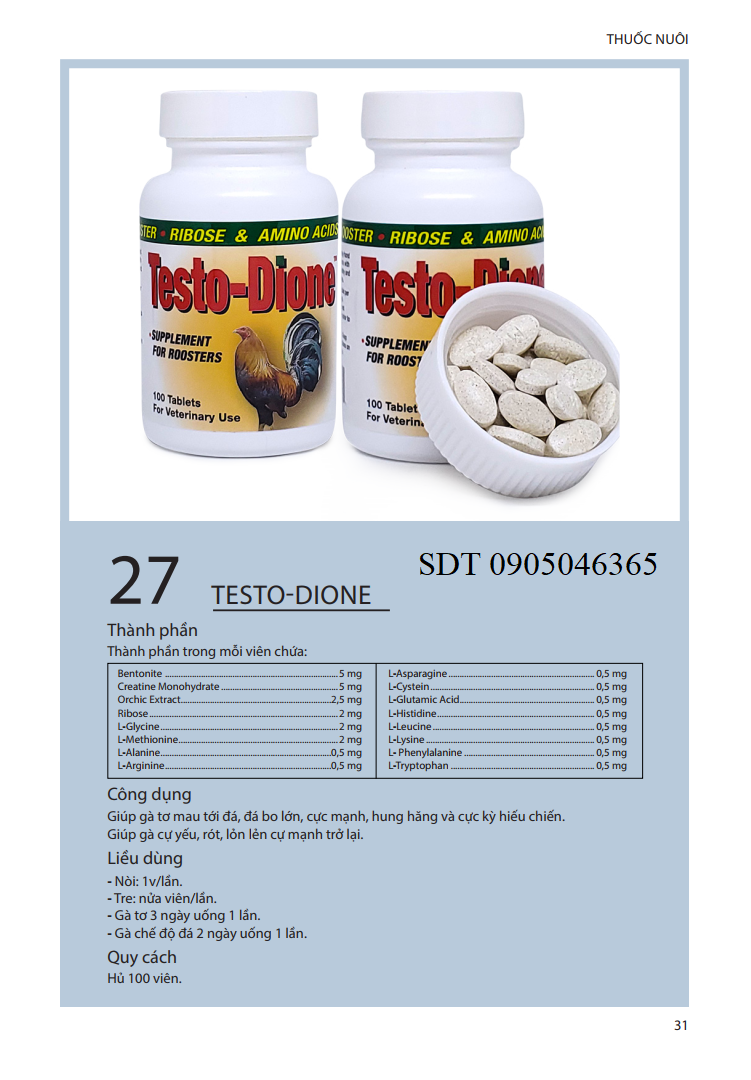 Thuốc Nuôi Gà Đá - Trị Lỏn Lẻn Cự Yếu - 100V Testo Dione - Mỹ