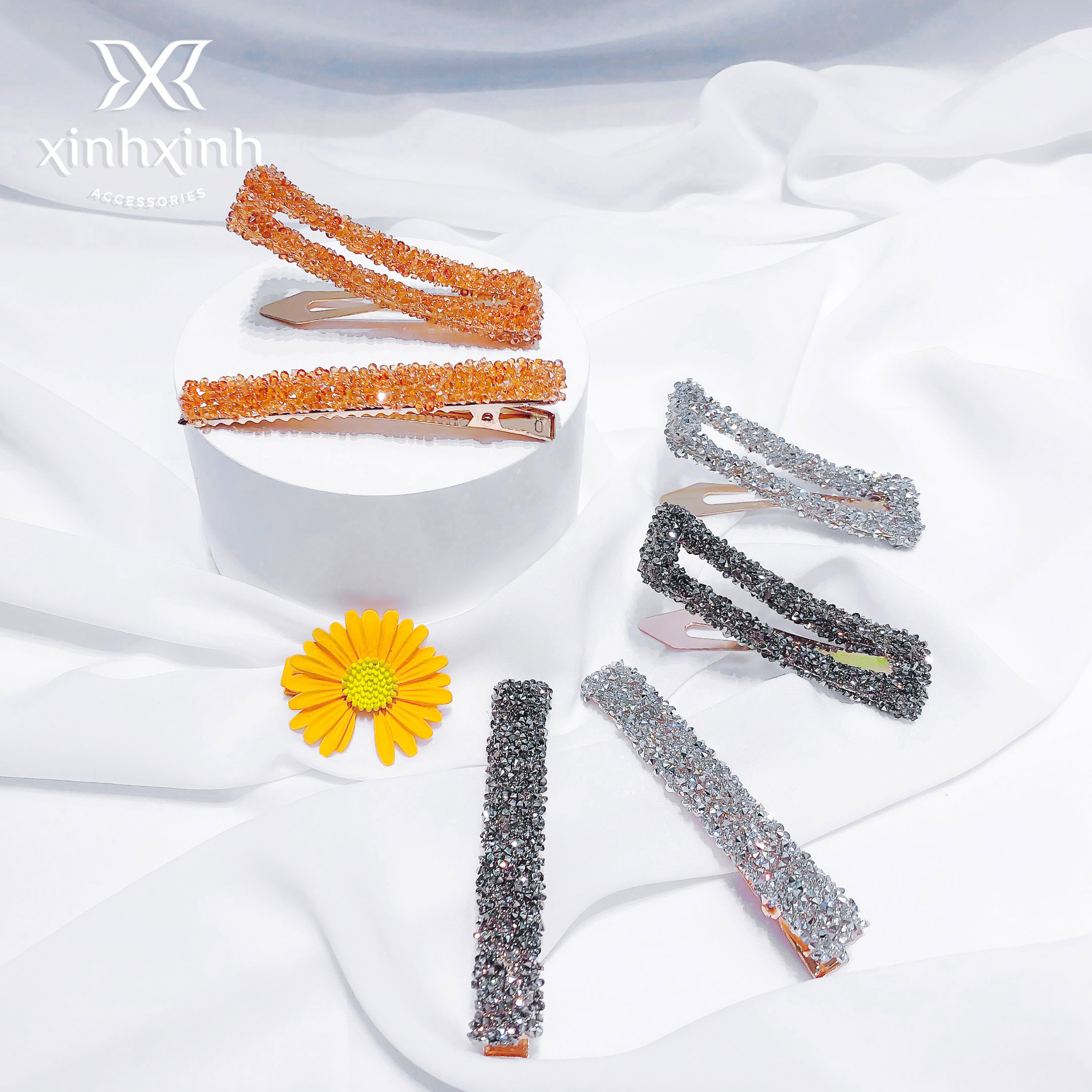 Sét kẹp tóc, cặp tóc mái pha lê hình chữ nhật - Xinh Xinh Accessories