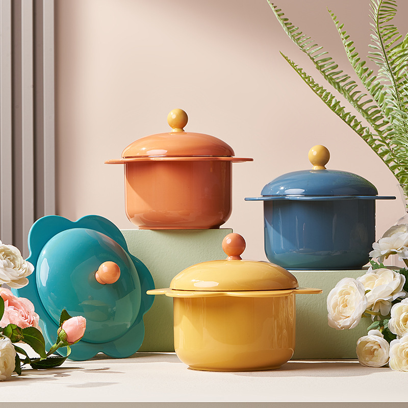 PVN49449 Bát ăn mì tôm inox 2 lớp cách nhiệt hình bông hoa có nắp đậy